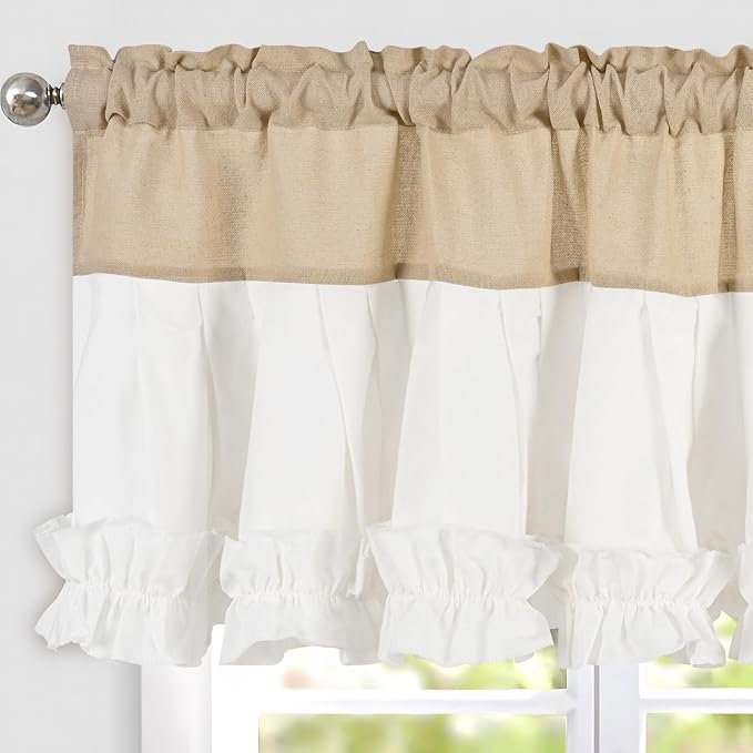 Likiyol Linen Valances for Windows Farmhouse Ruffle Valance Rustic Country Window Valances Light Filtering Kitchen Curtains Rod Pocket Valance Curtains for Bathroom Cafe, Linen White, 52" W X 18" L - Image 2