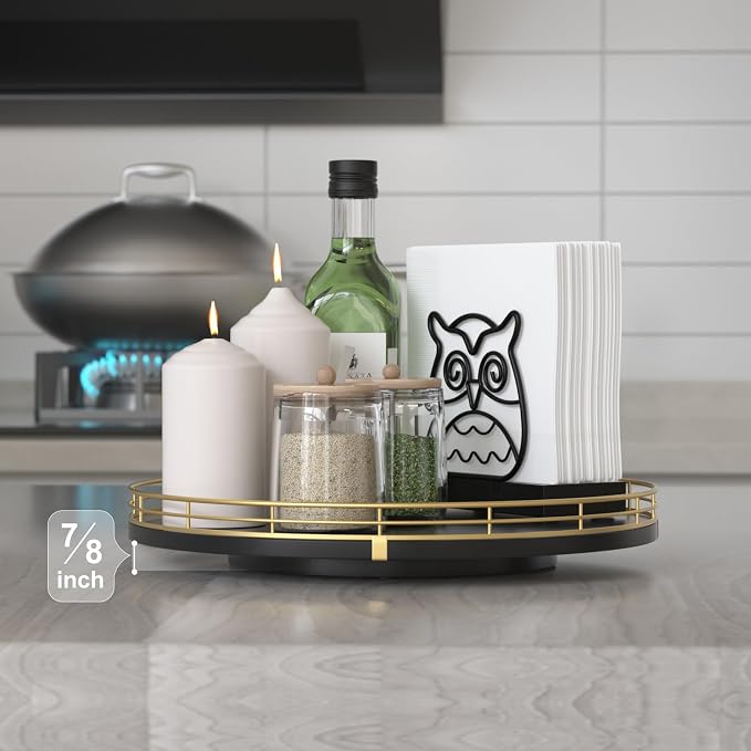 Oroyutor 12-Inch Oak Lazy Susan Spice Organizer with Gold Metal Rail | Rotating oak tray organizes spices, toiletries and decor on kitchen counters, bathroom vanities, dining and coffee tables. - Image 2