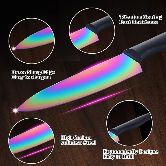 Marco Almond Knife Set w Block 14PC Rainbow Kitchen Knives Set | Stainless Steel,Razor Sharp,Anti-Rust,Restaurant Grade,Ergonomic Black Handle,Full Tang,Restaurant Grade,Gift Box - Image 3