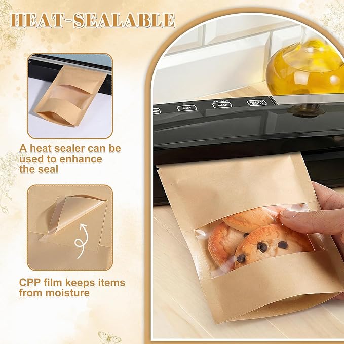 Wsicse 100 Pcs Kraft Stand Up Pouches With Window, 4 Sizes, Brown | Resealable Zipper, Heat-Sealable Cpp Lining, Moisture Resistant, Clear Window, 25 Bags Per Size For Snacks And Baked Goods - Image 4
