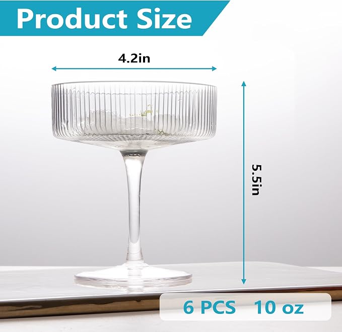 Montex Ribbed Coupe Glasses Set of 6, 10 oz Crystal Espresso Martini Glasses, Vintage Cocktail Glassware for Champagne, Margaritas, Manhattan, Home Bar & Gifts - Image 3
