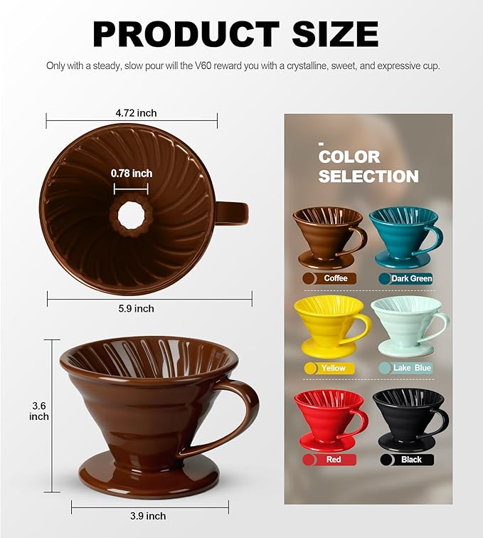 Pour Over Coffee Dripper - Ceramic Pour Over Coffee Maker Cone, Porcelain Coffee Drip, Pour Over Single Cup, Manual Brew Maker for Home, Cafe, Office - 1-4Cup, V60 Size 02 (Brown)