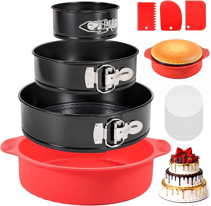MASSUGAR 4 7 9 Inch Springform Pan Cheesecake Pan with Silicone Protector, 50 Pcs Parchment Paper Liners, 3 Cake Scrapers, Leakproof Round Cake Pan for Baking in Water Bath Nonstick Spring Form Pan by MASSUGAR