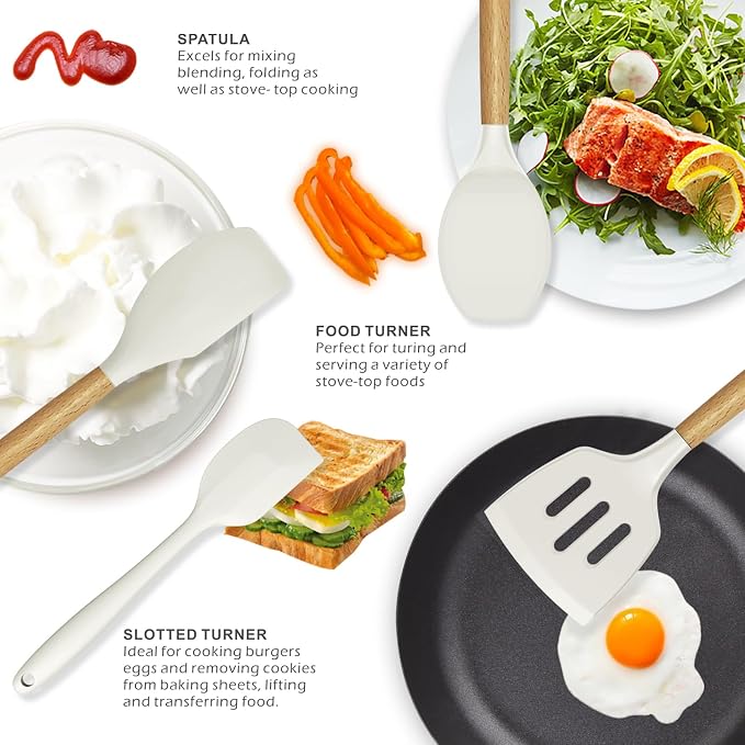 oannao Silicone Cooking Utensils Set - 446°F Heat Resistant Silicone Kitchen Utensils for Cooking,Kitchen Utensil Spatula Set w Wooden Handles and Holder for Non-Stick Cookware (Cream White) - Image 4