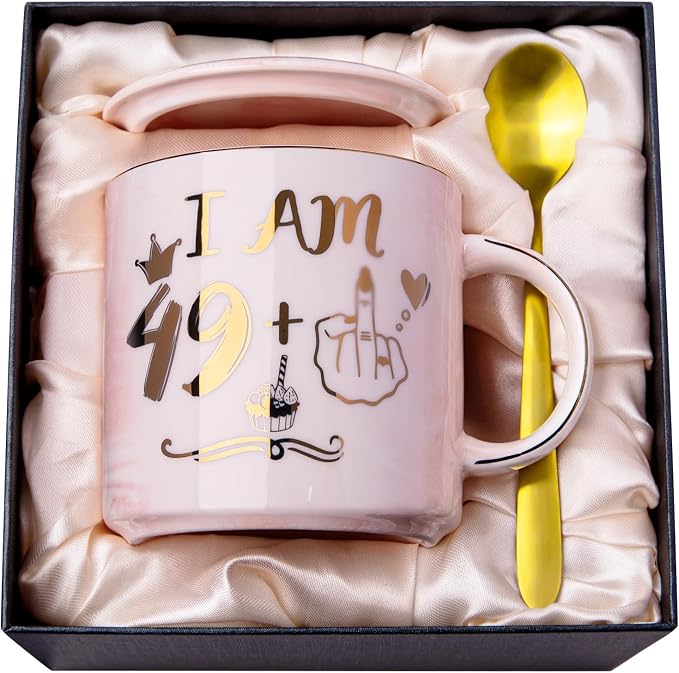 Funny 50th Birthday Gifts for Women, 14oz Pink Mug with 49+1 Hand Design | Marble Ceramic Coffee Cup with Gold Print, Elegant Turning 50 Gift for Her, with Lid, Spoon, Greeting Card, Nice Gift Box by ALBISS