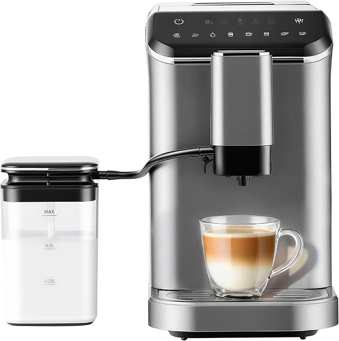 Automatic Espresso Machine with Grinder & Milk Frother | Touchscreen Coffee Maker with 20 Bar Pressure and 15 Grind Settings for Cappuccino, Latte, Americano and Espresso by ICEVIVAL