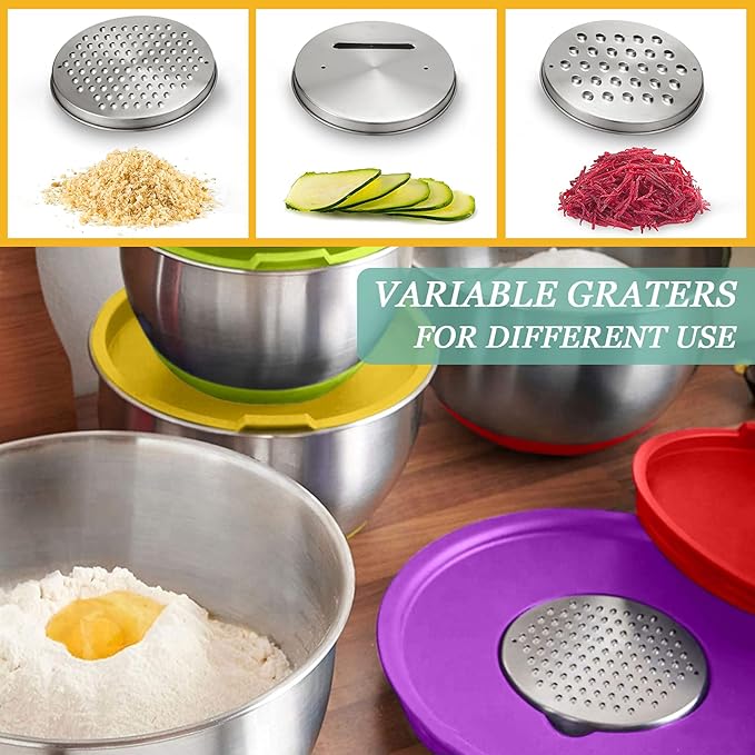 Wildone Mixing Bowls with Airtight Lids, Stainless Steel Mixing Bowls Set | Metal Bowls with 3 Grater Attachments & Non-Slip Bottom, Size 5, 4, 3, 2,1.5, 0.63QT, Includes Utensil Set for Prep, Colored - Image 3