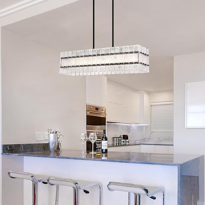 Modern Black Rectangle Water Ripple Glass Chandelier 6 Lights for Dining Room Kitchen Island Bar Living Room UL Listed L39.4 in - Image 5