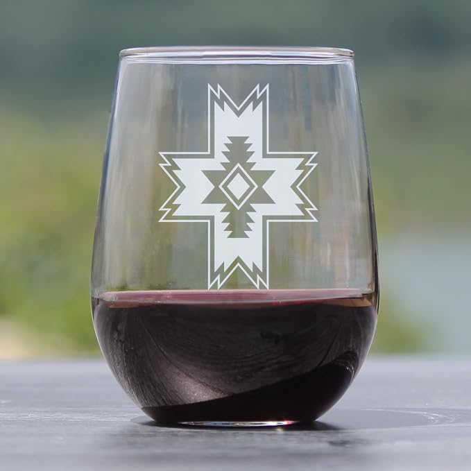 Southwestern Geometric Engraved 17oz Stemless Wine Glass | Aztec Boho Etched Glassware for Her Him Housewarming - Image 2