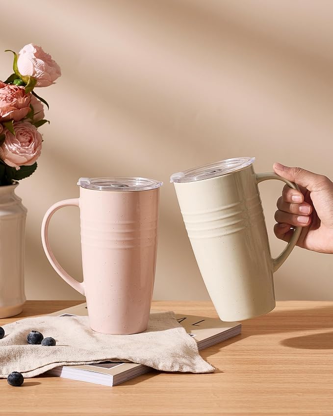 famiware Jupiter Large Coffee Mug, 20oz Coffee Mug with Lid, Ceramic Mugs Set of 4, Cup Set with Handle for Latte, Tea, Cocoa, Milk, Microwave and Dishwasher Safe, Light Pink and Vanilla White - Image 2