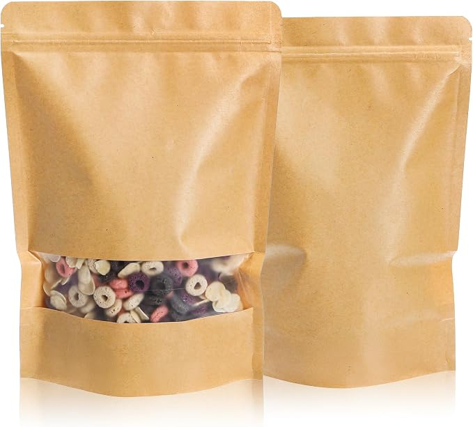 Kingrol 100 Count 7 x 10.25 Inch Kraft Paper Bags with Resealable Lock Seal Zipper &Transparent Window, Stand Up Food Bags - Image 2