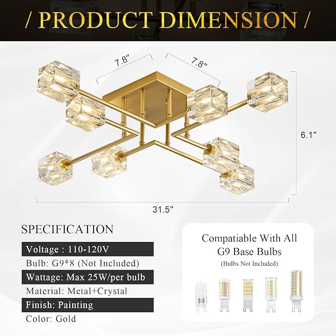 8-Light Gold Sputnik Chandeliers Modern Crystal Semi Flush Mount Ceiling Light Fixture L 31.5" Industrial Chandelier for Living Room Dining Room Foyer Entryway Kitchen Bedroom - Image 4