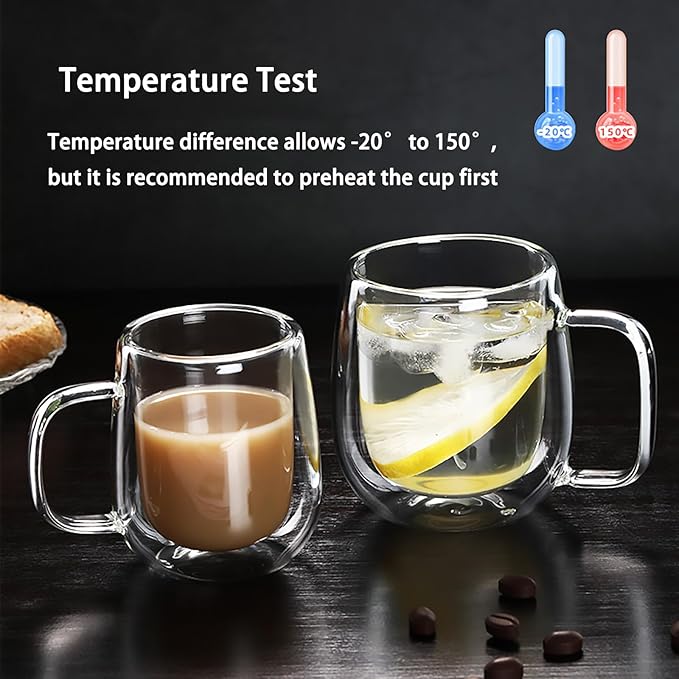 High Borosilicate Double-Wall Glass Mug - Handcrafted Creative Designed Glass Mug with Handle, Perfect for Milk and Coffee (350ml)