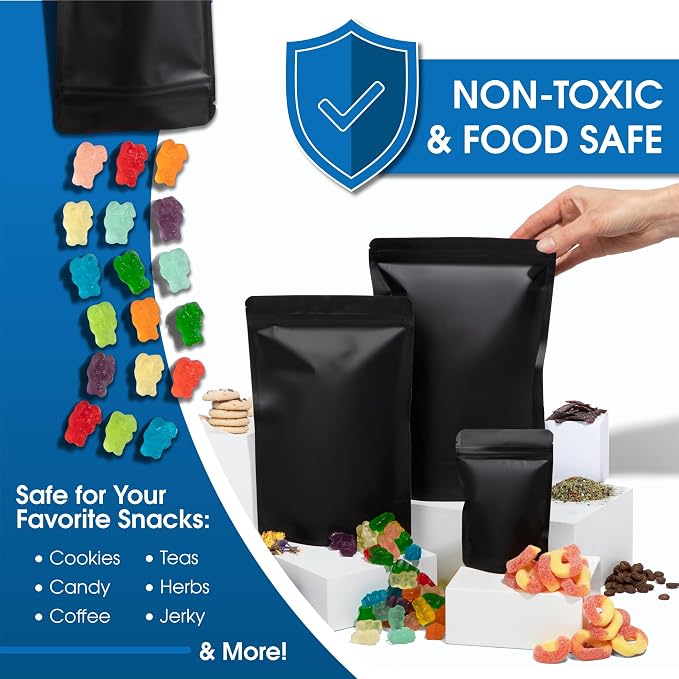 3.5" X 5.5" Matte Black Stand-Up Mylar Bags - 100 Count | Small Smell-Proof Bags With Heat Sealable Opening and Resealable Zipper - Spartan Industrial - Image 6