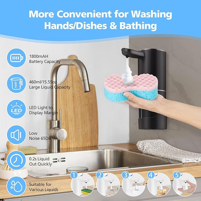 Automatic Foaming Soap Dispenser Touchless, 15.55 oz/460mL USB C Rechargeable Hand Sanitizer Dispenser with Auto Clean, 5 Adjust Volume,°C&℉ display, Waterproof Pump for Bathroom Kitchen (Black)