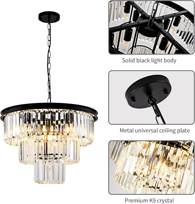 8 Light Modern Crystal Chandelier 20'' Black Chandeliers for Dining Room Contemporary Pendant Light Fixture Round 3-Tier Adjustable Height E12 for Living Room, Foyer, Entryway, Bedroom - Image 6