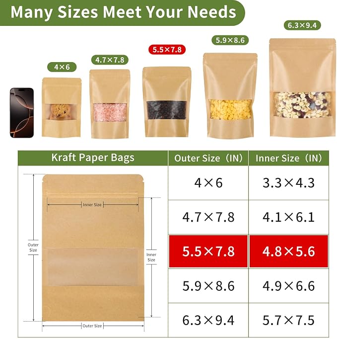 Kraft Paper Bags with Transparent Window, Stand Up Pouches Smell Proof Bags | 100 Pcs 5.5x8 Inch Resealable Bags for Small Business, Zipper. Food Storage, for Packaging Snacks Cookies Candy - Image 3