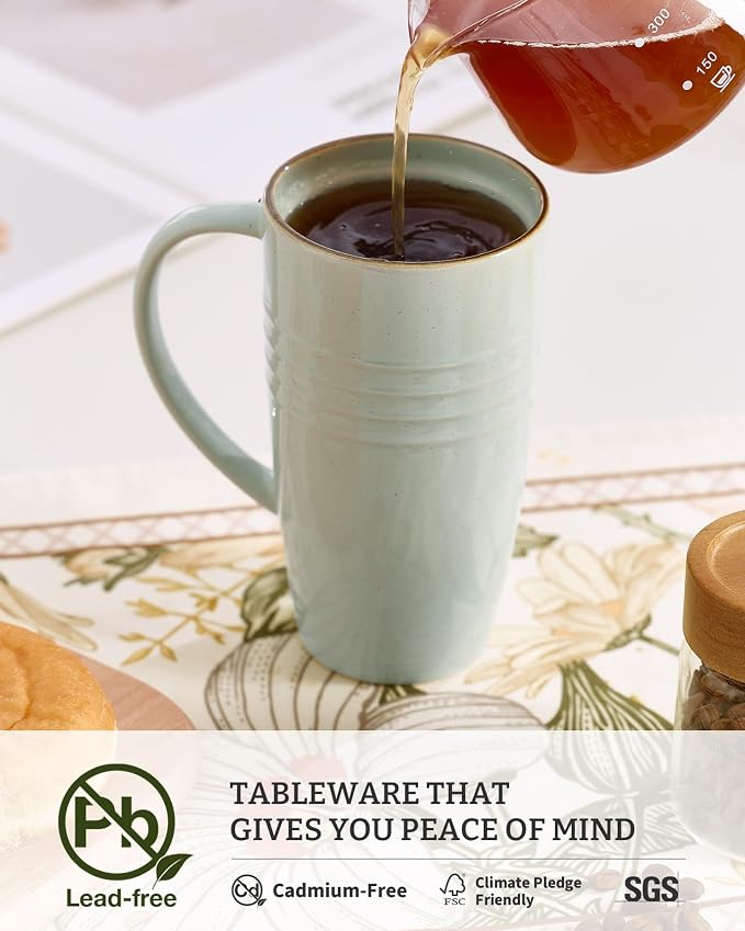 famiware Jupiter Large Coffee Mug, 20oz Coffee Mug with Lid, Ceramic Mugs Set of 4, Cup Set with Handle for Latte, Tea, Cocoa, Milk, Home & Office, Microwave and Dishwasher Safe, Light Green - Image 2