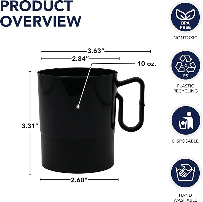 Party Essentials 8-Ounce Hard Plastic Coffee Cup/Tea Mug with Handle, 20-Count, Bistro Black - Image 2