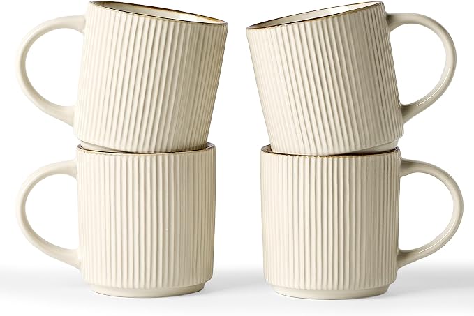 famiware Coffee Mug Set for 4, Star 12 oz Catering Mugs Cup Set with Handle for Coffee, Tea, Cocoa, Milk - Ceramic Stoneware Drinkware Set, White by Famiware