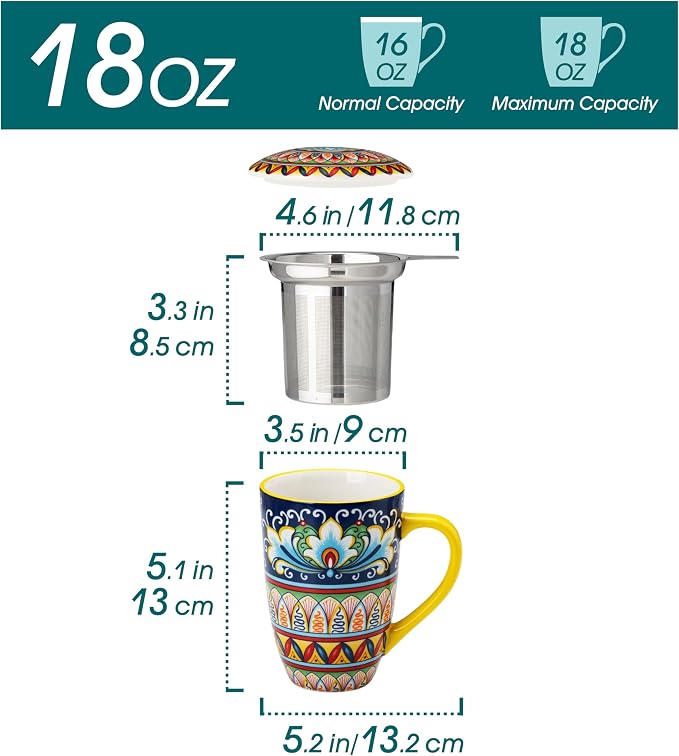 vancasso Ceramic Tea Mug with Infuser and Lid, 18 Ounce Bohemian Loose Leaf Cup, Microwave & Dishwasher Safe, Perfect for Tea, Coffee, Beige-Mustard Tribe - Image 2
