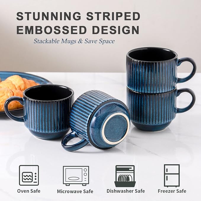 HASENSE 15 Oz Ribbed Stackable Coffee Mug Set of 4, Ceramic Latte Cups with Metal Stand, Dishwasher & Microwave Safe, Navy Blue for Cappuccino Tea Hot Cocoa - Image 4