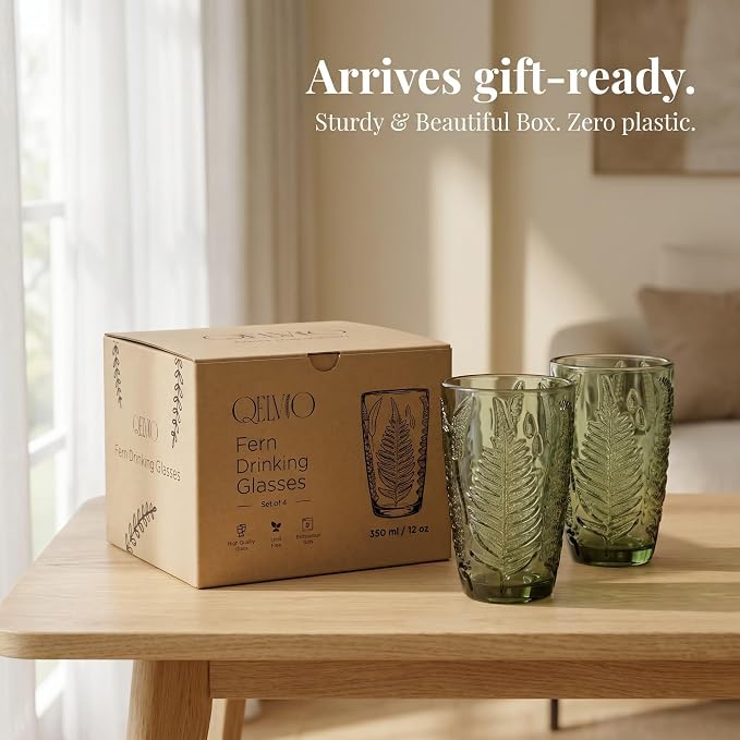 Green Drinking Glasses Set of 4, 12 oz Glass Cups, Vintage Fern Glassware | Hand-Pressed, Dishwasher Safe, Boho Leaf-Textured Drinkware, Embossed Highball Tumblers for Water, Retro Kitchen Gift - Image 7