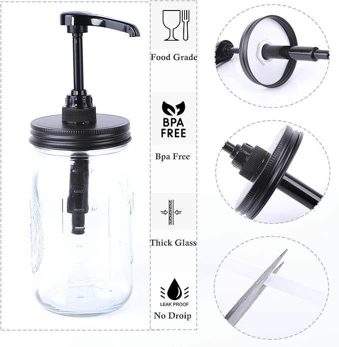 32 oz Mason Syrup Sauce Honey Dispenser Pum Bottle 1 Quart Wide Mouth Glass Coffee Syrup Condiment Ketchup Container Food Grade Airtight & Leak-Proof
