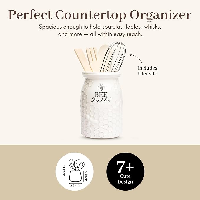Young's Inc. Ceramic Utensil Holder for Countertop - Kitchen Crock with 3 Wooden Utensils - Large Organizer for Cooking Tools, Flatware, and More - Bee Thankful - Image 3