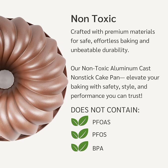 Classic 10 Cup Fluted Cake Pan Nonstick, PFOA & BPA Free | | Non-Toxic - Cast Aluminum - Gold - Pound Cake Mold for Oven Baking - Image 4