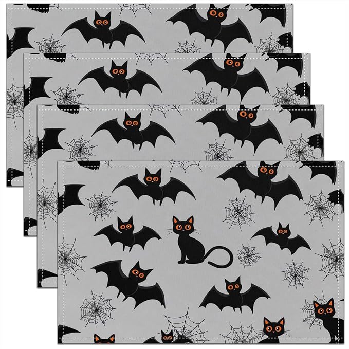 Feelyou Happy Halloween Placemats Set of 4 Bats Pattern Table Mats for Party Kitchen Dining Decoration Gray Black Place Mat for Table Holiday Decor Indoor Outdoor 18"x12" Non-Slip Spooky Cat by Feelyou