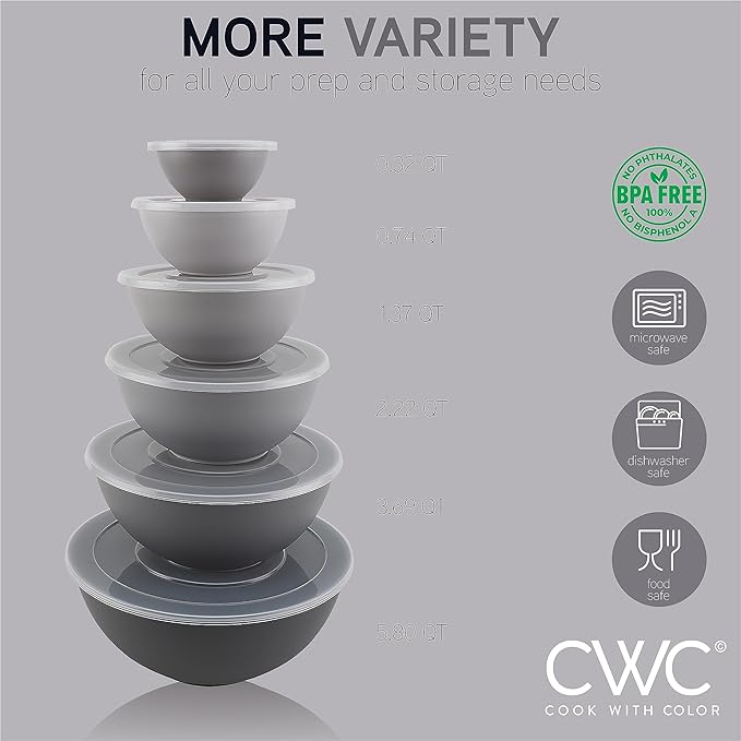 COOK WITH COLOR Plastic Nesting Mixing Bowls Set - 12 Piece includes 6 Prep Bowls and 6 Lids, Microwave Safe (Gray Ombre)