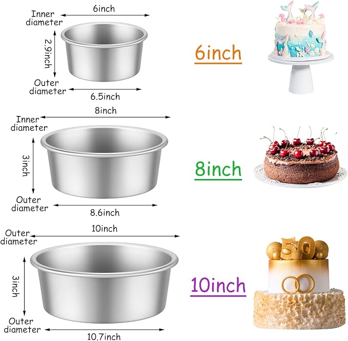 Mumufy 9 Pcs Aluminum Round Cake Pan Set, Non Stick, 6, 8, 10 Inch | 3-Tiered Cake Pans, Cake Durable, Even Heating, Rust-resistant, Home Wedding Birthday Baking Party - Image 2