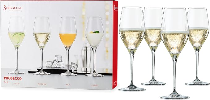 Spiegelau Prosecco Sparkling Wine Glasses, Crystal Clear Champagne Glasses, Elegant Long Stem Glassware for Wedding Gifts, Anniversary Celebrations, Housewarming, Dinner, Bar Cart, 9.1 oz, Set of 4 by Spiegelau