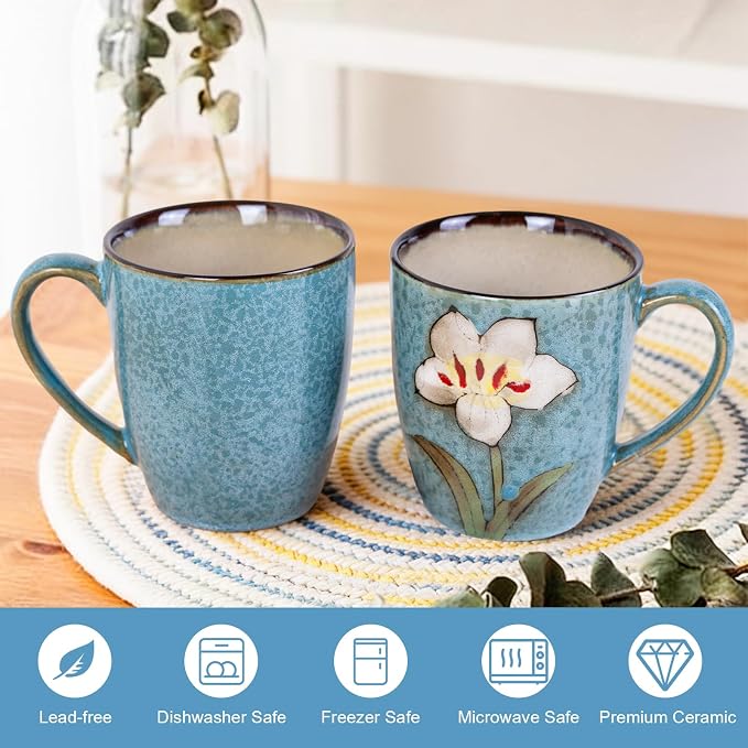 12oz Coffee Mugs Set of 4, Hand-Painted Floral Stoneware Cups with Handle, Dishwasher Microwave Oven Safe, Cappuccino Mugs for Latte, Tea, Espresso & Hot Cocoa, for Home Kitchen & Cafe, Blue - Image 4