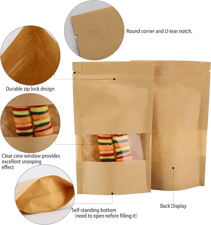 Tecbeauty 100pcs Kraft Paper Stand Up Pouches Zipper Lock Resealable Food Storage Bags with Window for Packing Cookies, Dog Treats (5.9 x 8.7inch) - Image 3