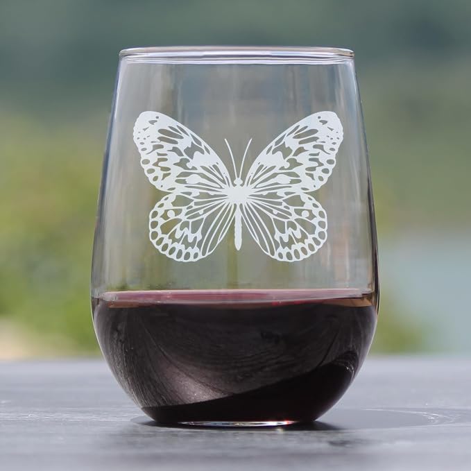 Butterfly Engraved Stemless Wine Glass, Etched Nature Lover, Elegant Insect Art, 17oz Glassware - Image 2