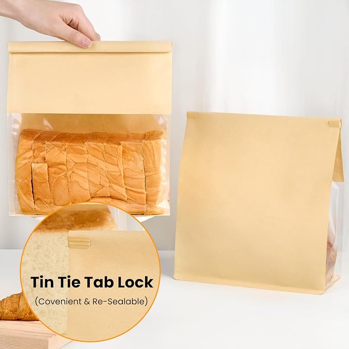 Ocmoiy Bread Bags for Homemade Breads, 8.7 x 4.3 x 11 Inches, 100 Pack | Tin Tie Tab Lock, Resealable, Large Bakery Packaging Bags with Window, For Sourdough Bread, Bagels, Pastry - Image 4