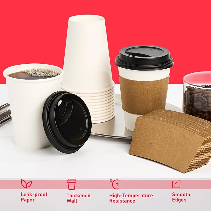12 oz Paper Coffee Cups with Lids 100 Pack, Disposable Hot Coffee Cups with Lids, Sleeves and Stirring Sticks, To Go Cups, for Parties, Picnic, Travel, and Events - Image 6