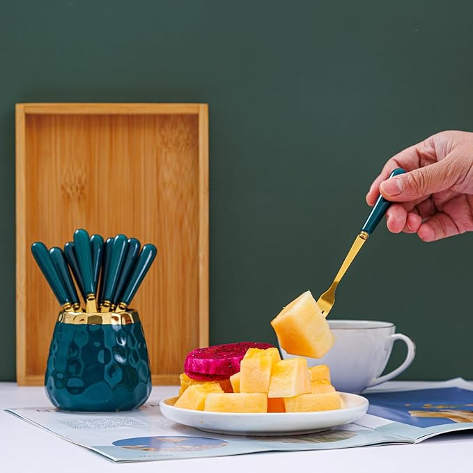 Dessert Fork Set,Ceramic Jar with 8 Small Forks for Fruit,Salad,Appetizer,Cake,Flatware Set (Emerald jar+8 forks)