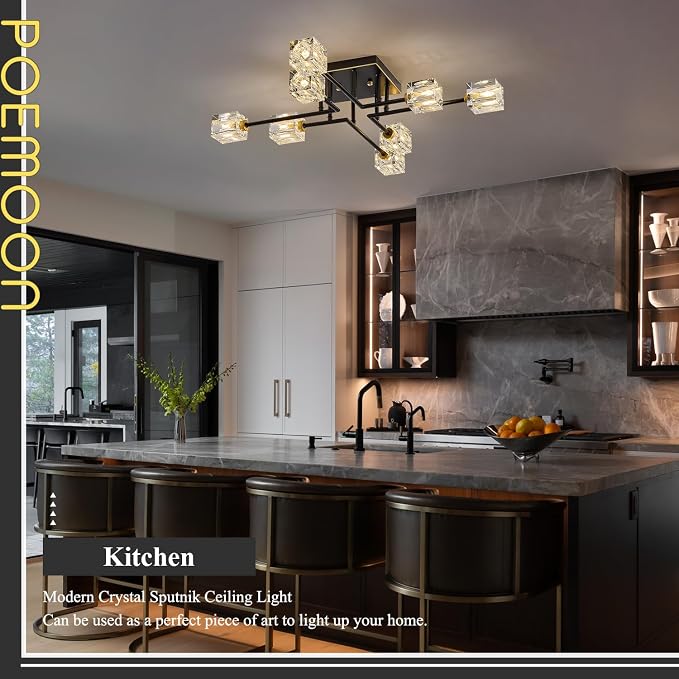 Modern Black Gold Sputnik Chandeliers 8-Light Crystal Semi Flush Mount Ceiling Light Industrial L 31.5" Chandelier Lighting for Living Room Dining Room Foyer Entryway Kitchen Bedroom - Image 4
