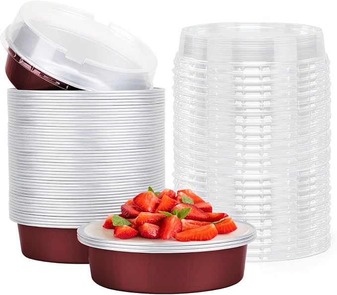 Beasea Disposable Mini Pie Tins with Lids, 50 Pack 4” 7.3oz 215ml Small Round Aluminum Baking Tart Foil Container for Individual Dessert Cupcake Cheesecake Ramekin Quiche Oven Dishes - Wine Red by Beasea