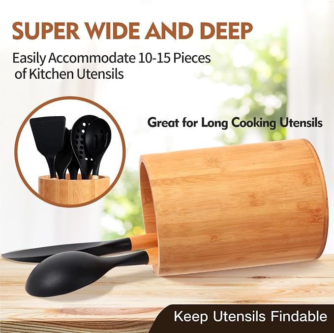 Bamboo Utensil Holder, Large Utensil Holders for Kitchen Counter, Bamboo Spoon and Chopstick Holder for Kitchen Decor, Flatware and Spatula Storage Organizer, for Countertop, Pantry and Bathroom - Image 4