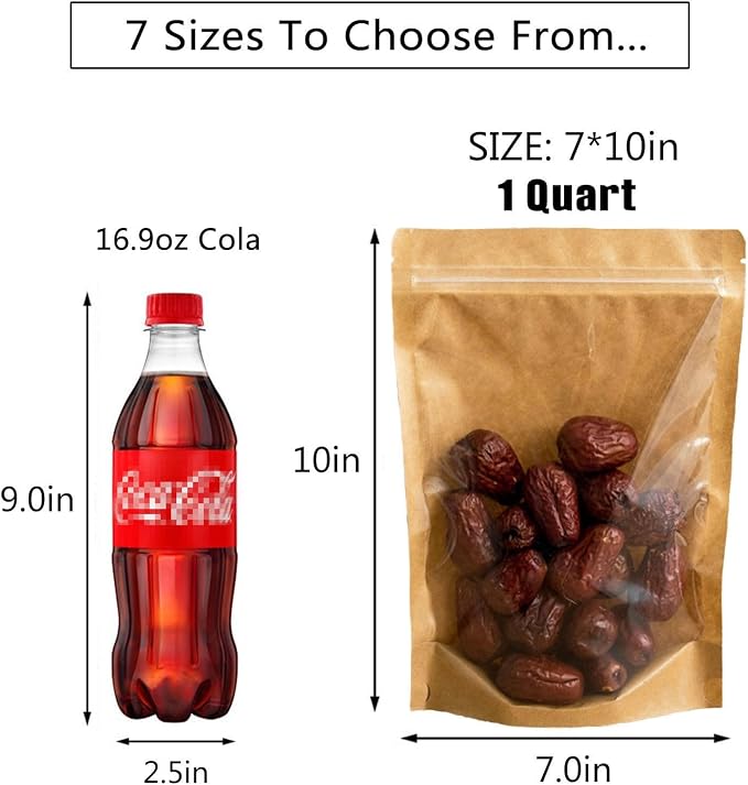 50pcs Kraft Bags With Window Clear Fornt Pouches Resealable Stand Up Zip Lock Food Storage Bags Brown 7"x10" - Image 5