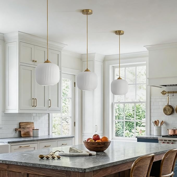 KCO Lighting Modern Brass Gold 7.9” Ribbed White Milk Glass Pendant Light | Adjustable Cord, E26 Small Mid Century Modern Hanging Light for Sloped Ceiling Kitchen Island Dining Room Bedroom Entryway - Image 5