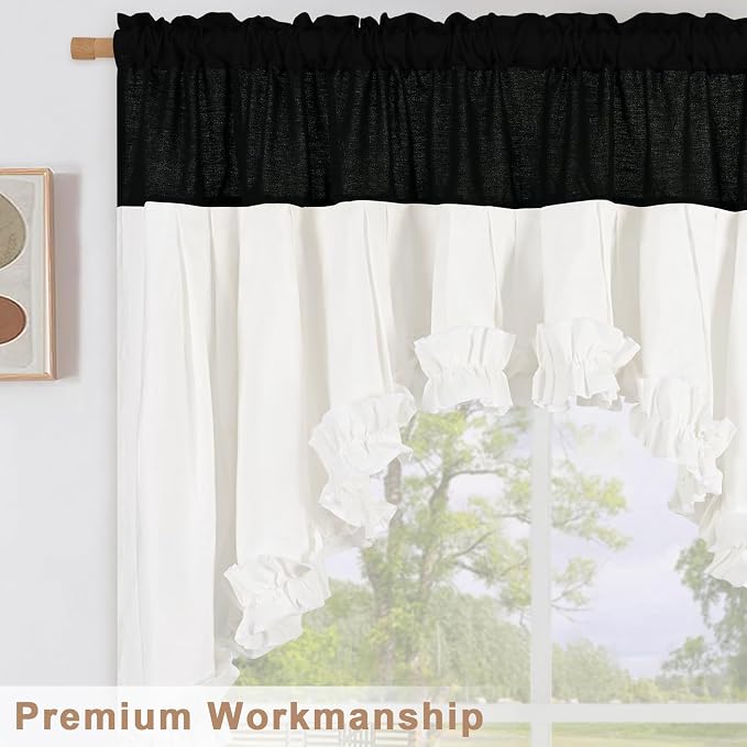 Likiyol Linen Swag Curtains Farmhouse Ruffle Valances for Windows Rustic Country Window Valances Light Filtering Kitchen Curtains Rod Pocket Valance for Bathroom Cafe, Black White, 60" W x 36" L - Image 5