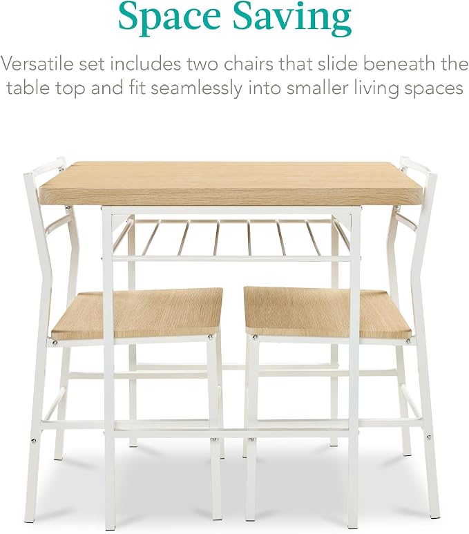 Best Choice Products 3-Piece Modern Dining Set, Space Saving Dinette for Kitchen, Dining Room, Small Space w/Steel Frame, Built-in Storage Rack - Natural/White - Image 3