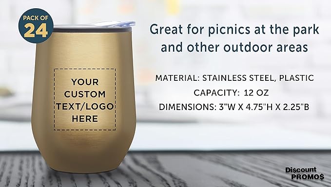 Custom Stemless Wine Tumblers 12 oz. Set of 24, Personalized Bulk Pack - Insulated, Perfect for Wine, Cocktails, Other Hot & Cold Beverages - Gold