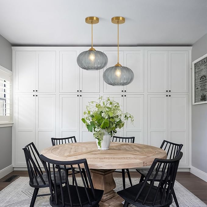 KCO Lighting Large Glass Pendant Lights Kitchen Island Brass Gold Pendant Light Gold Globe Hanging Light Smoked Striped Glass Pendant Light Mid Century Modern Dining Room Light Fixture - Image 3