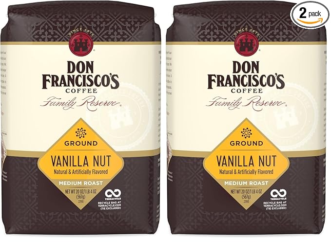Don Francisco's Premium Vanilla Nut Medium Roast Ground Coffee - 100% Arabica Beans, Perfect for Drip, Pour Over, and French Press - Carefully Sourced, Family-Crafted Since 1870 (20 oz Bag)